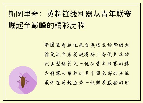 斯图里奇：英超锋线利器从青年联赛崛起至巅峰的精彩历程
