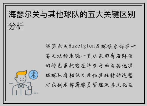 海瑟尔关与其他球队的五大关键区别分析