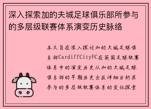 深入探索加的夫城足球俱乐部所参与的多层级联赛体系演变历史脉络 深入探索加的夫城足球俱乐部所参与的多层级联赛体系演变历史脉络