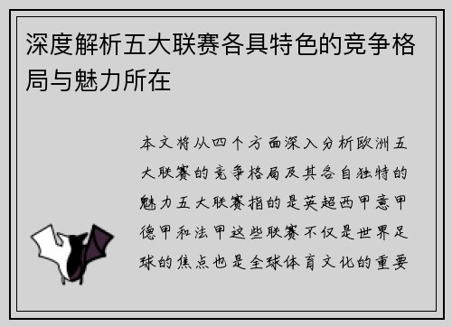 深度解析五大联赛各具特色的竞争格局与魅力所在