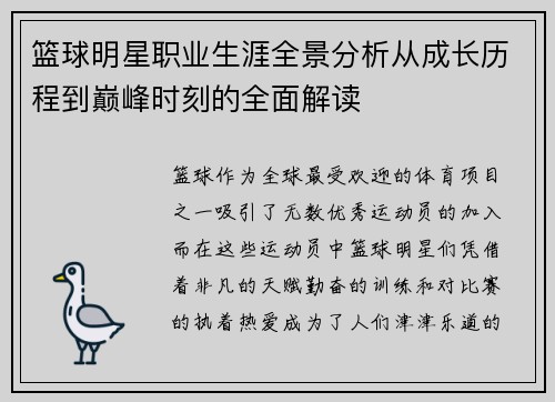 篮球明星职业生涯全景分析从成长历程到巅峰时刻的全面解读