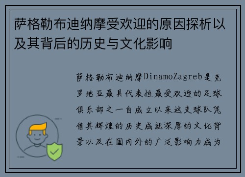 萨格勒布迪纳摩受欢迎的原因探析以及其背后的历史与文化影响