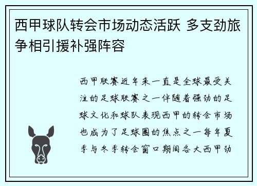 西甲球队转会市场动态活跃 多支劲旅争相引援补强阵容